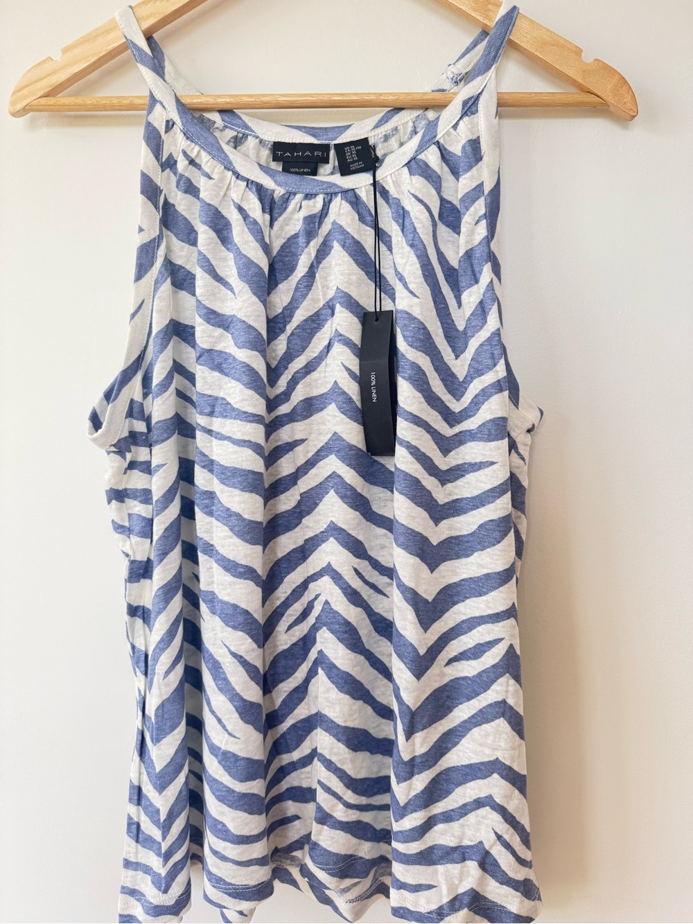 Tahari 100% Linen Blue White Zebra Print Tank Top XL NWT